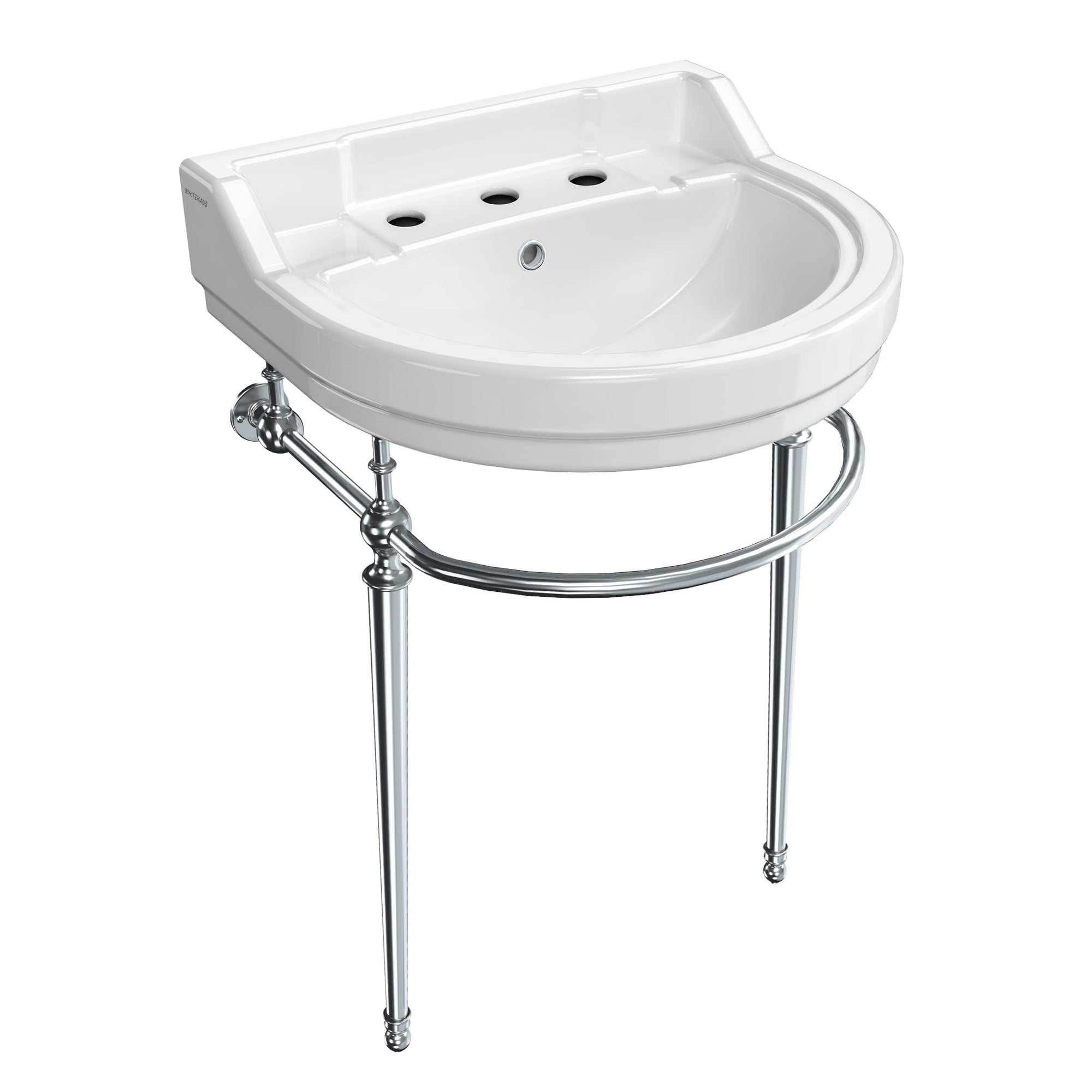 22" console sink with semi-circular bowl, solid brass leg supports and front towel bar