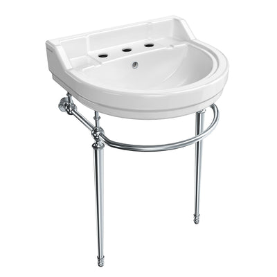 22" console sink with semi-circular bowl, solid brass leg supports and front towel bar