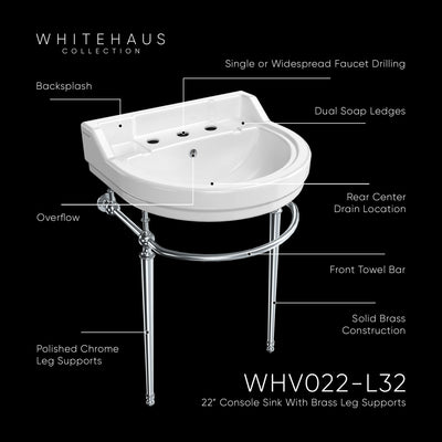 22" Console Sink With Semi-Circular Bowl, Solid Brass Leg Supports and Front Towel Bar