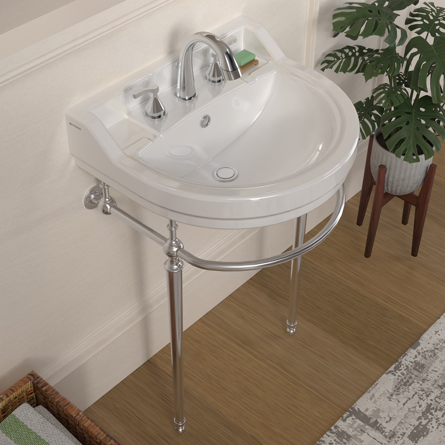 22" console sink with semi-circular bowl, solid brass leg supports and front towel bar