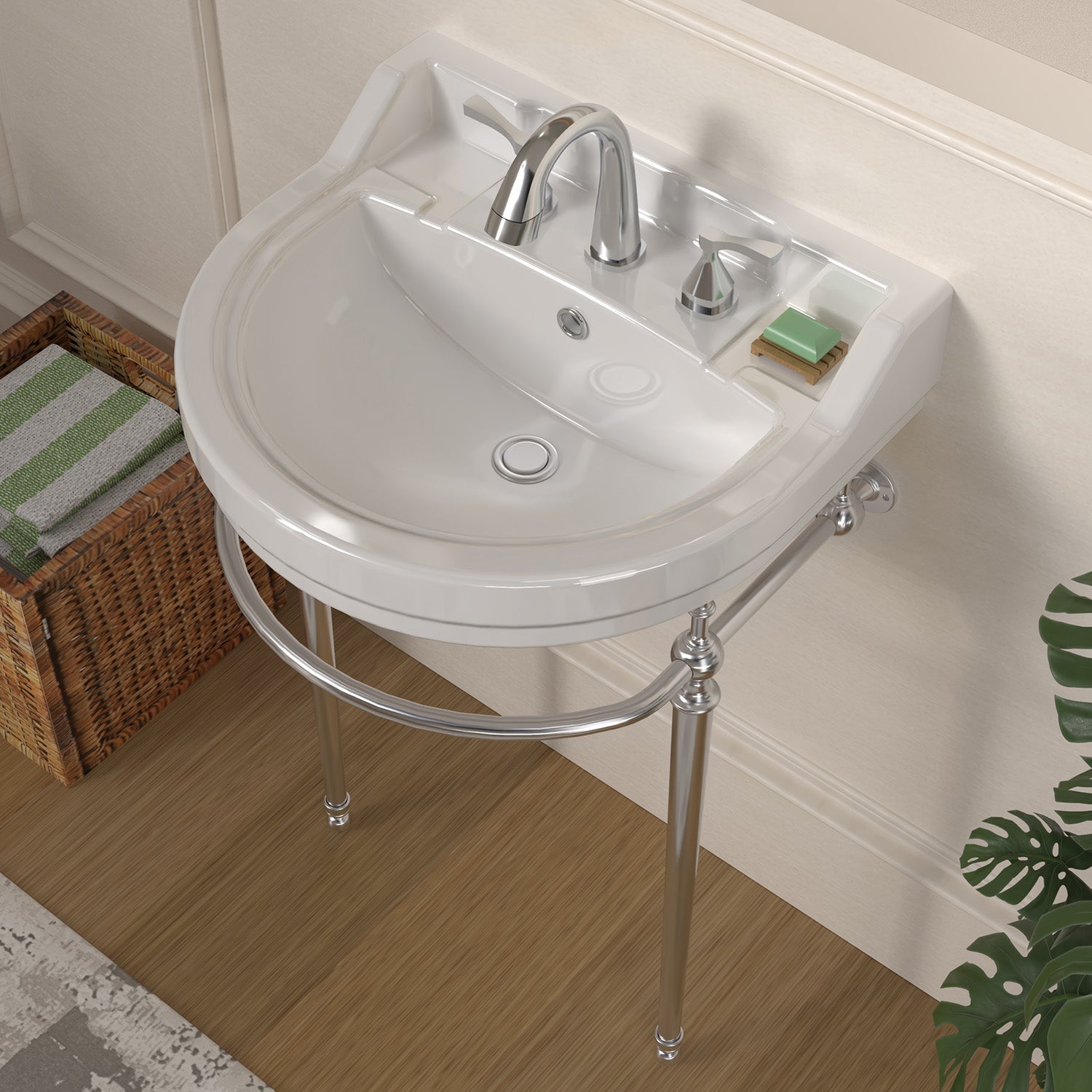 22" Console Sink With Semi-Circular Bowl, Solid Brass Leg Supports and Front Towel Bar