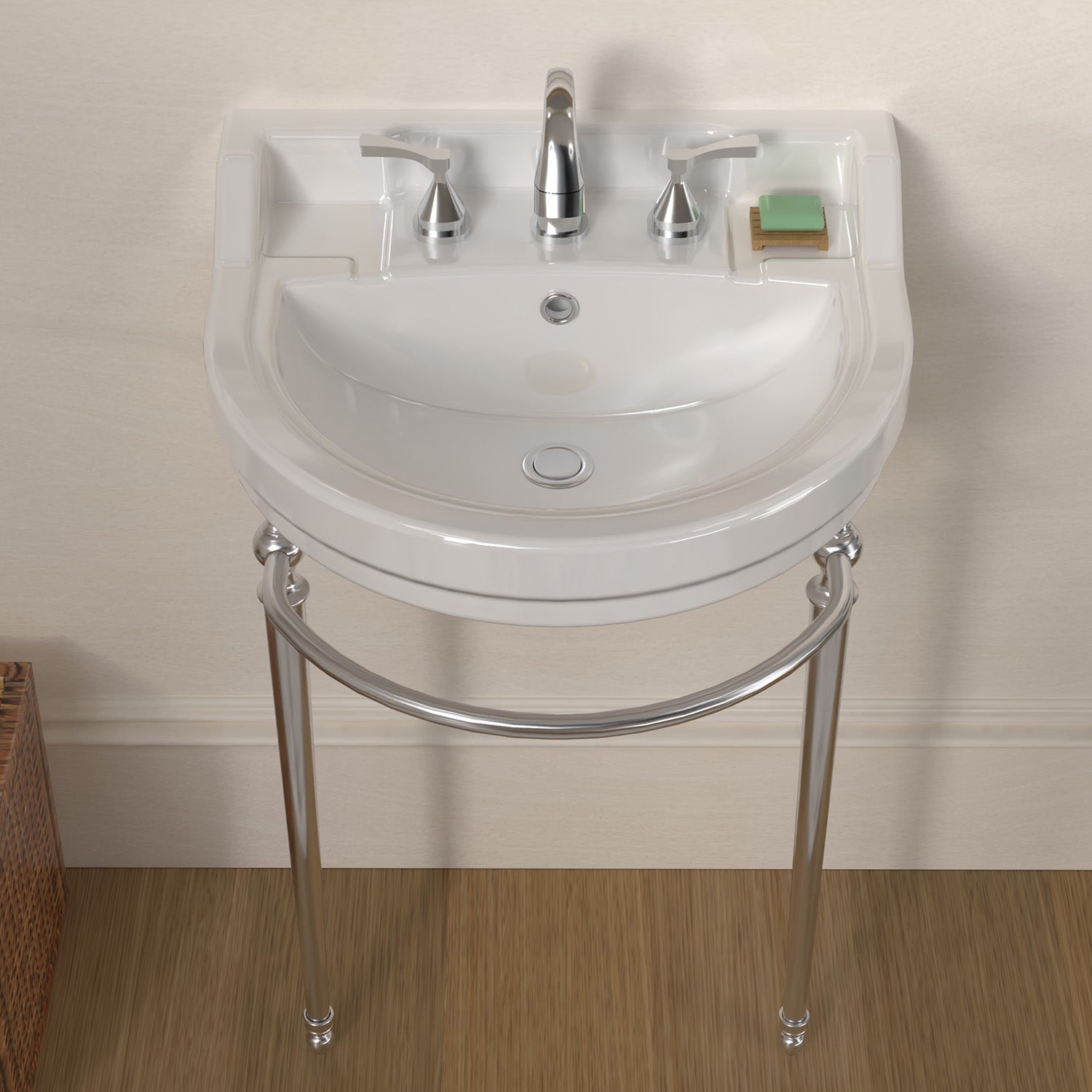 22" console sink with semi-circular bowl, solid brass leg supports and front towel bar