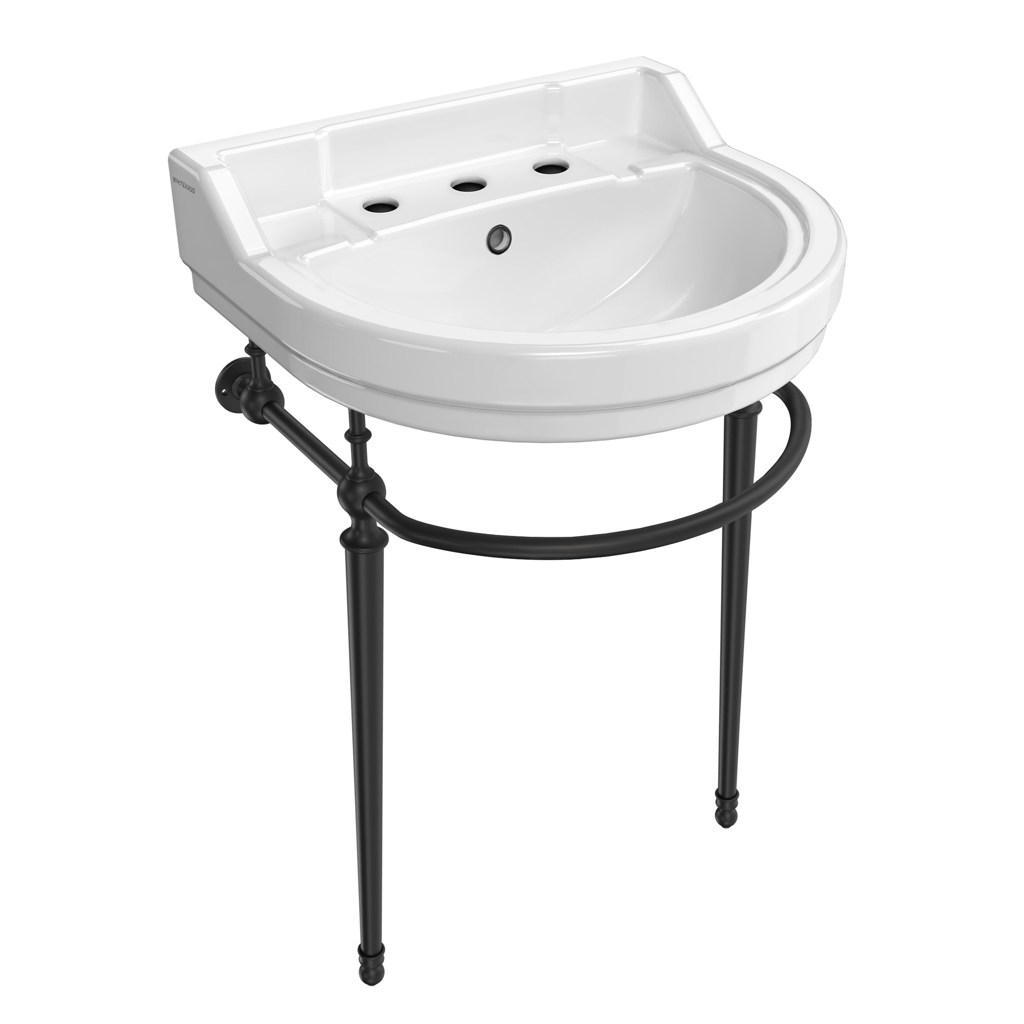 22" console sink with semi-circular bowl, solid brass leg supports and front towel bar