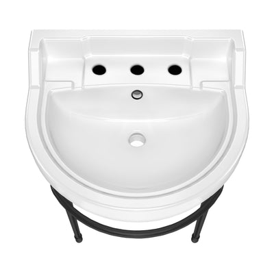 22" console sink with semi-circular bowl, solid brass leg supports and front towel bar