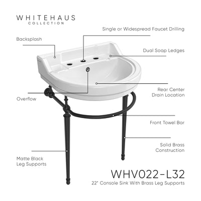 22" console sink with semi-circular bowl, solid brass leg supports and front towel bar