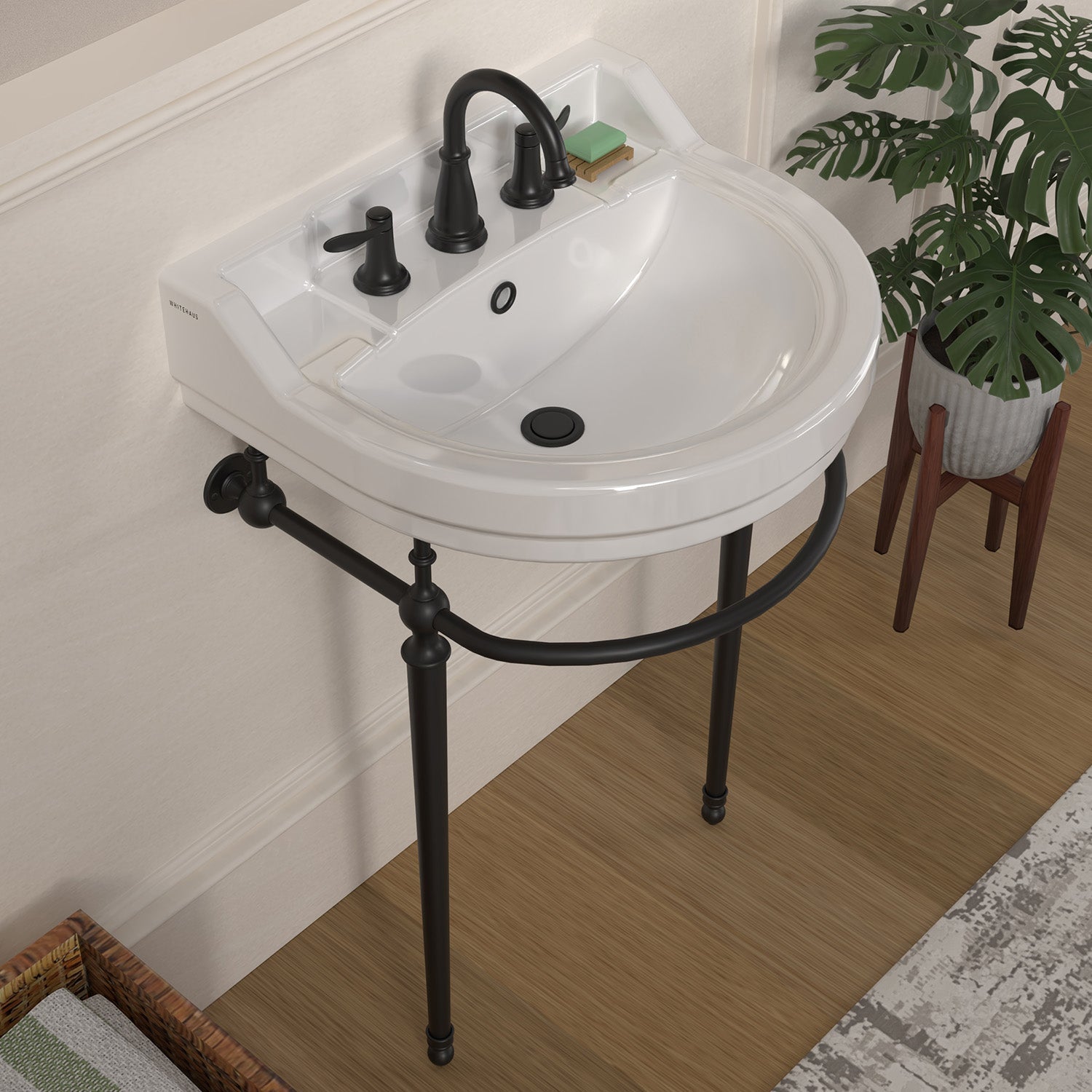 22" console sink with semi-circular bowl, solid brass leg supports and front towel bar