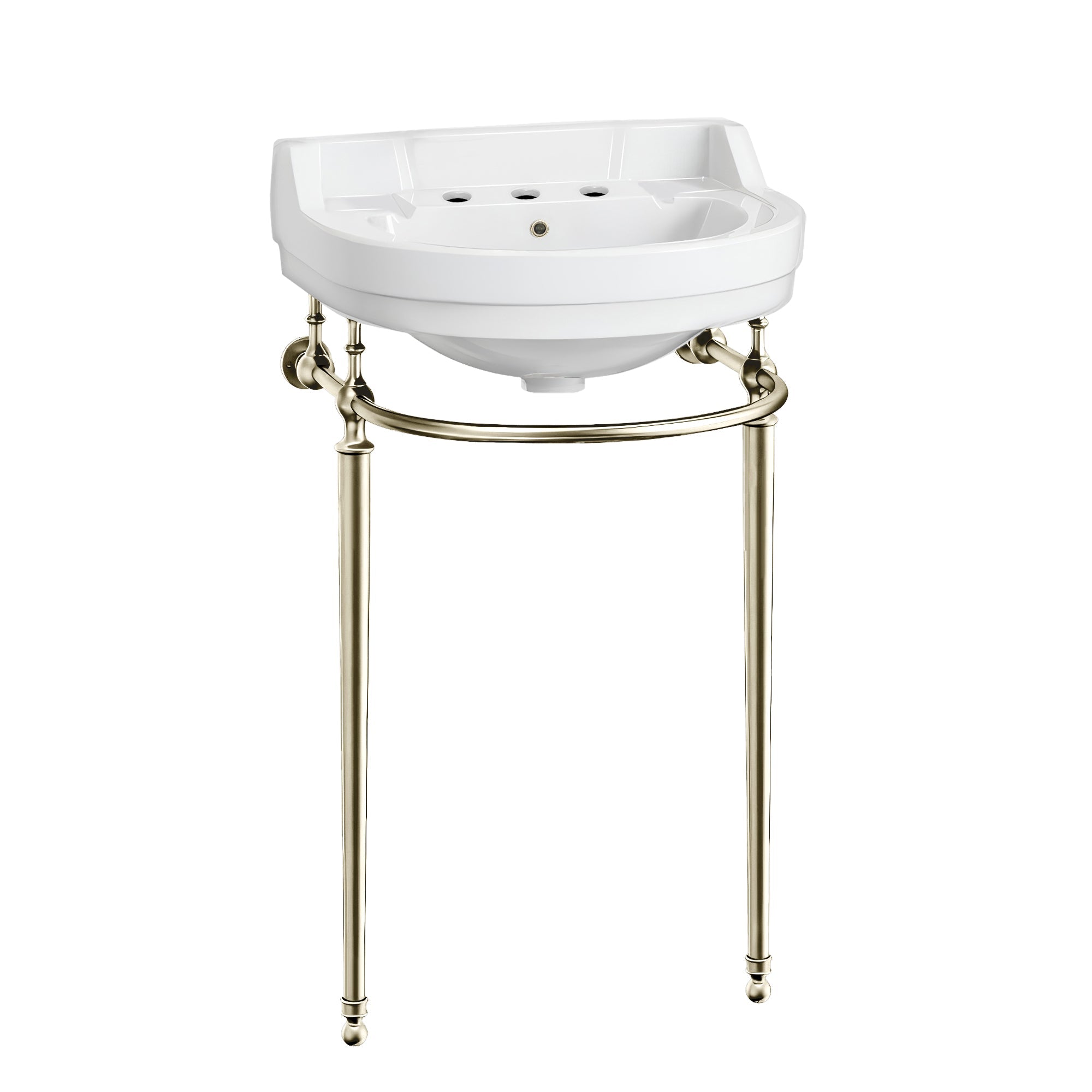 22" console sink with semi-circular bowl, solid brass leg supports and front towel bar