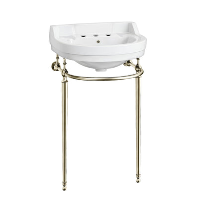 22" console sink with semi-circular bowl, solid brass leg supports and front towel bar