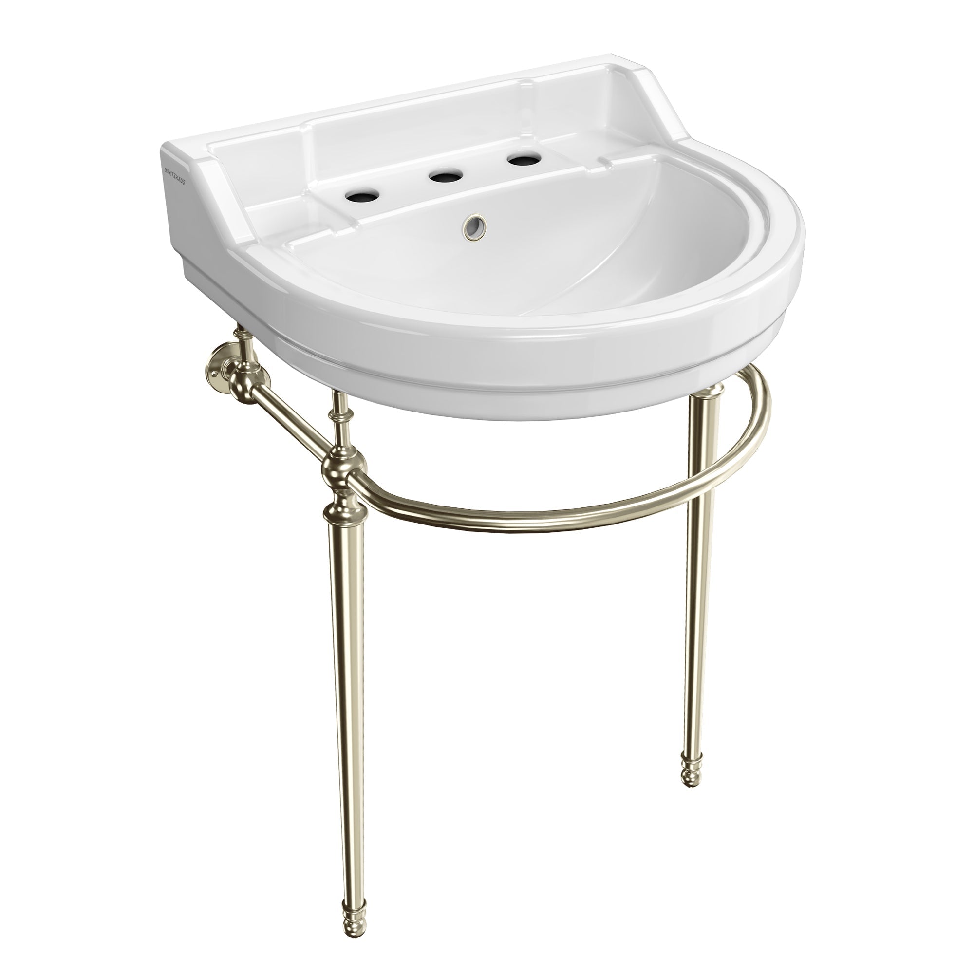 22" console sink with semi-circular bowl, solid brass leg supports and front towel bar