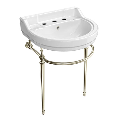 22" console sink with semi-circular bowl, solid brass leg supports and front towel bar