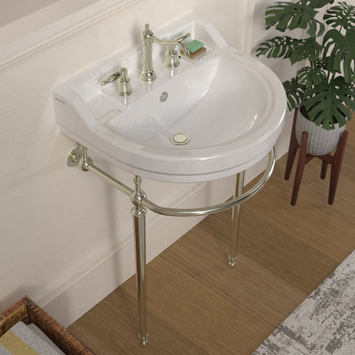 22" console sink with semi-circular bowl, solid brass leg supports and front towel bar