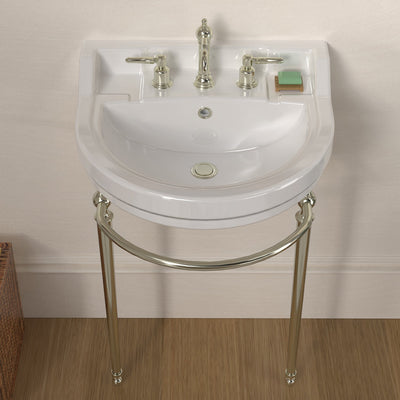 22" console sink with semi-circular bowl, solid brass leg supports and front towel bar