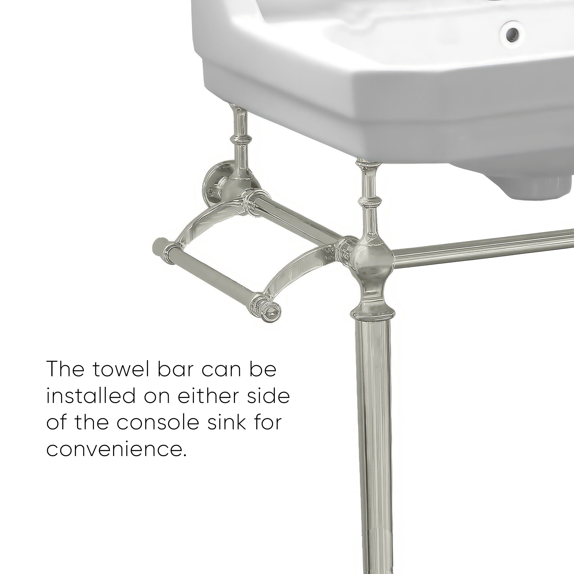 24" console sink with integrated rectangular bowl, Solid Brass leg supports and side towel bar