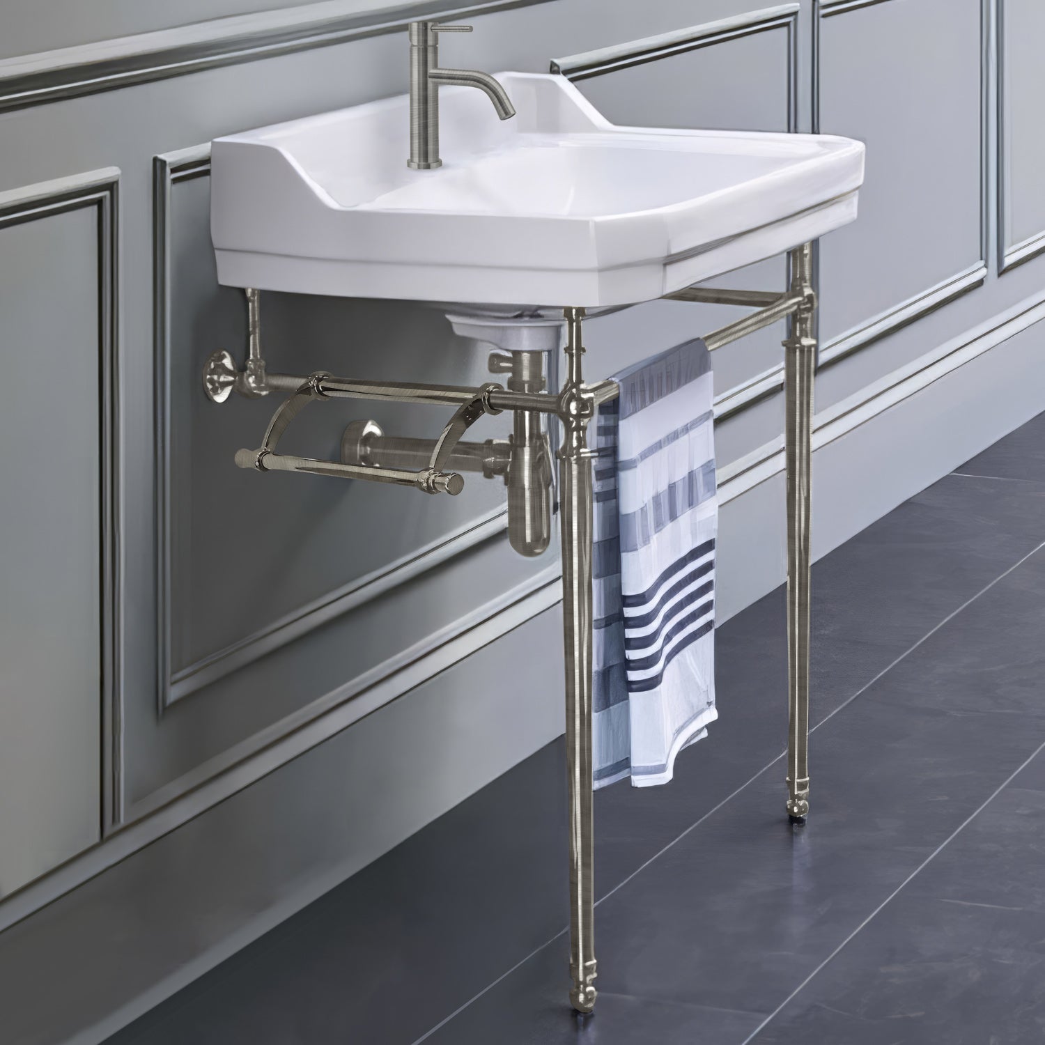24" console sink with integrated rectangular bowl, Solid Brass leg supports and side towel bar