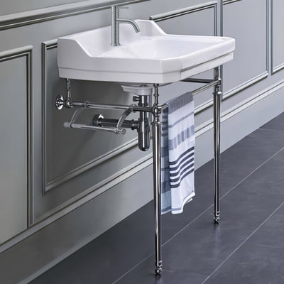 24" console sink with integrated rectangular bowl, Solid Brass leg supports and side towel bar