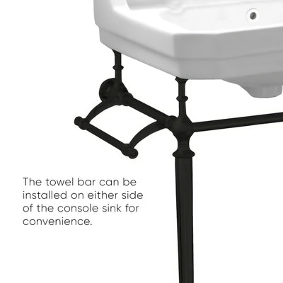 24" console sink with integrated rectangular bowl, Solid Brass leg supports and side towel bar