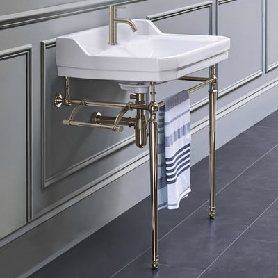 24" console sink with integrated rectangular bowl, Solid Brass leg supports and side towel bar