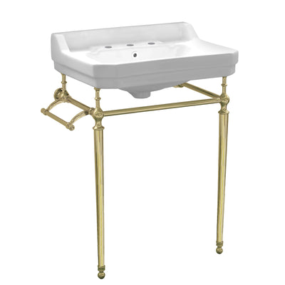 24" console sink with integrated rectangular bowl, Solid Brass leg supports and side towel bar