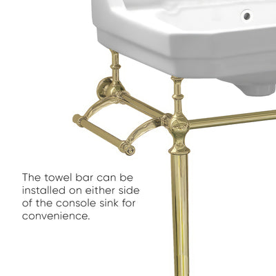 24" console sink with integrated rectangular bowl, Solid Brass leg supports and side towel bar