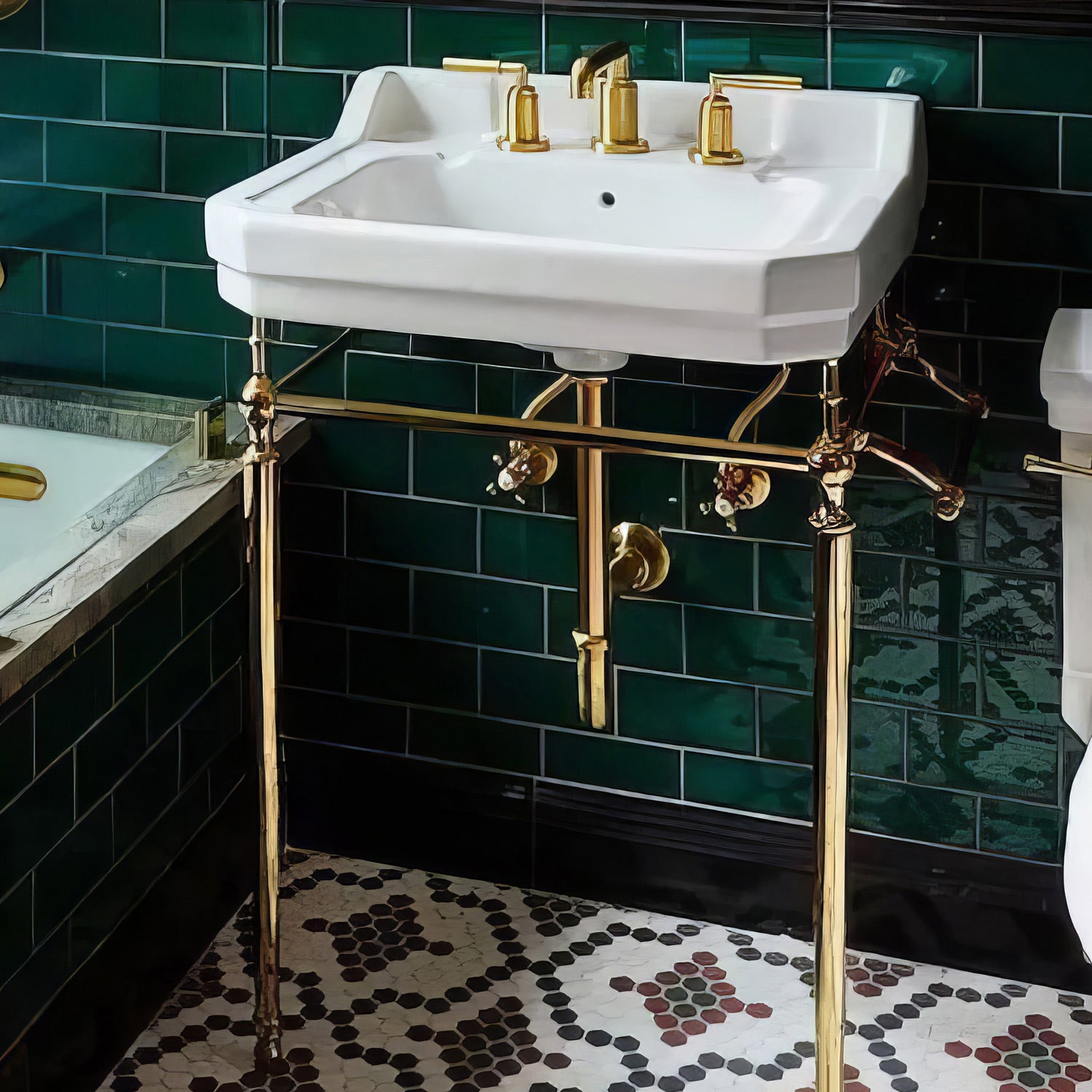 24" console sink with integrated rectangular bowl, Solid Brass leg supports and side towel bar