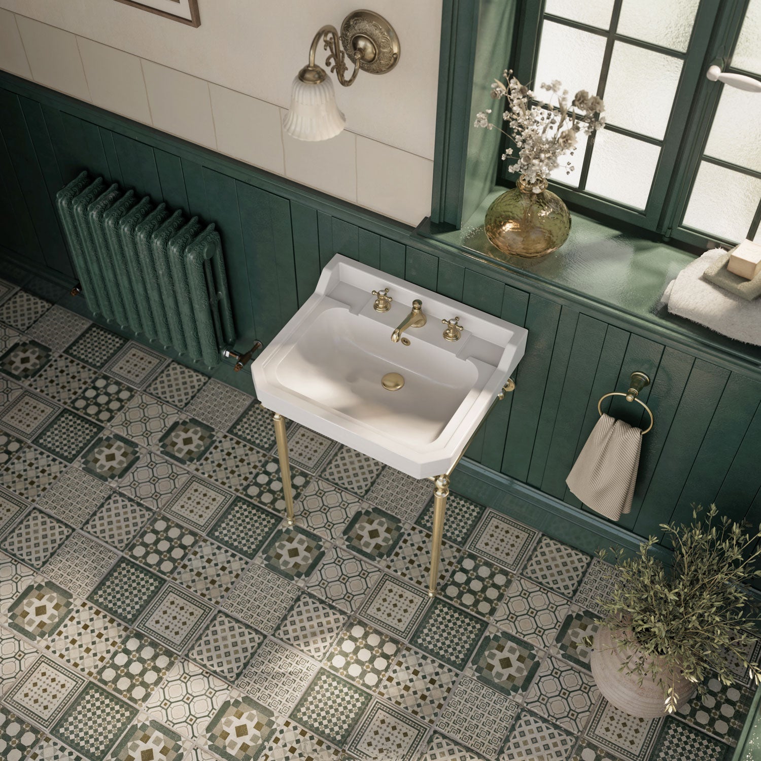 24" console sink with integrated rectangular bowl, Solid Brass leg supports and side towel bar