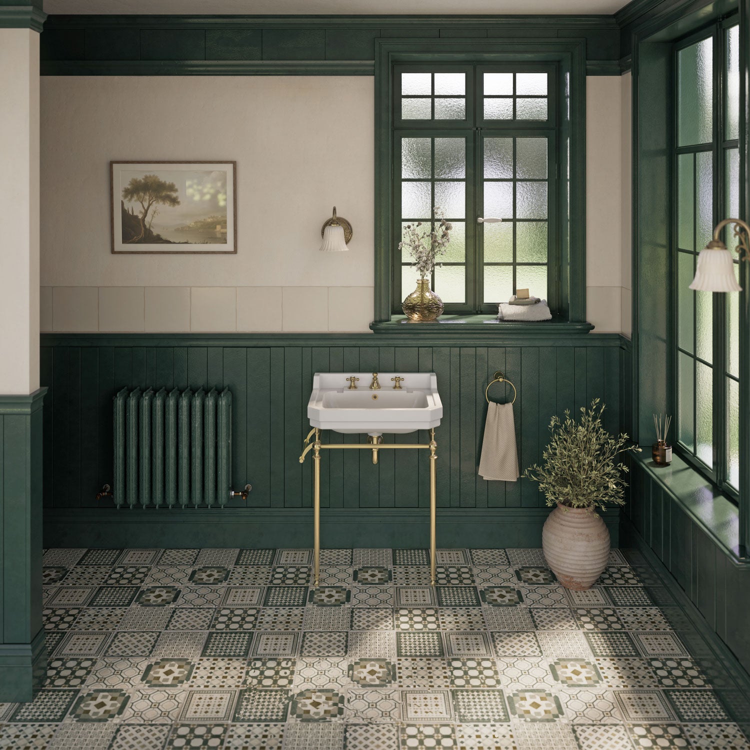 24" console sink with integrated rectangular bowl, Solid Brass leg supports and side towel bar