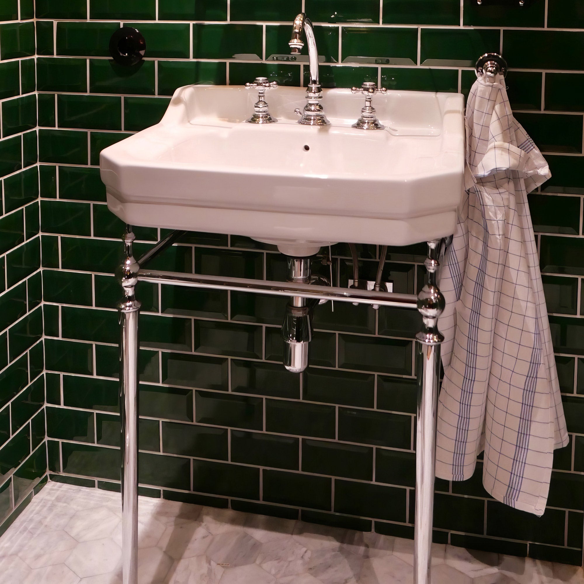 24" console sink with integrated rectangular bowl, Solid Brass leg supports and side towel bar