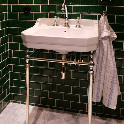 24" console sink with integrated rectangular bowl, Solid Brass leg supports and side towel bar