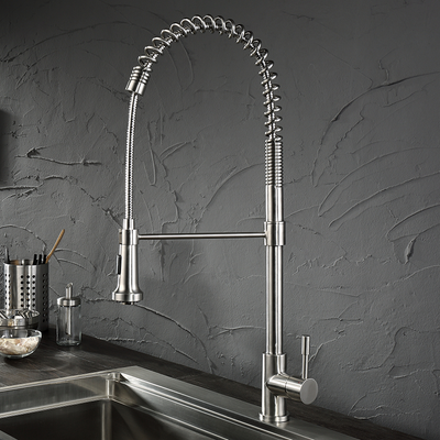 Lead Free, Solid Stainless Steel Commerical Single-Hole Faucet with Flexible Pull Down Spray Head, Swivel Spout Support Bar and Solid Lever Handle