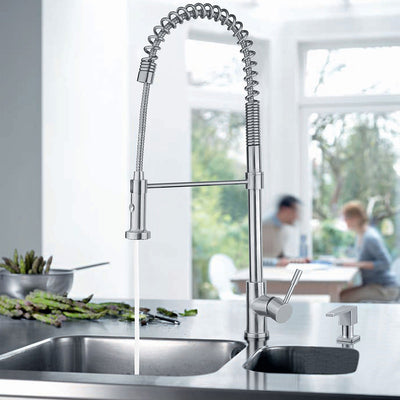 Lead Free, Solid Stainless Steel Commerical Single-Hole Faucet with Flexible Pull Down Spray Head, Swivel Spout Support Bar and Solid Lever Handle