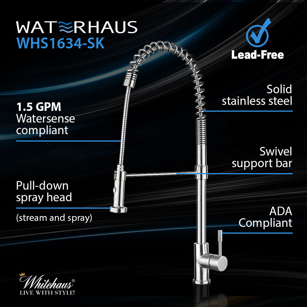 Lead Free, Solid Stainless Steel Commerical Single-Hole Faucet with Flexible Pull Down Spray Head, Swivel Spout Support Bar and Solid Lever Handle