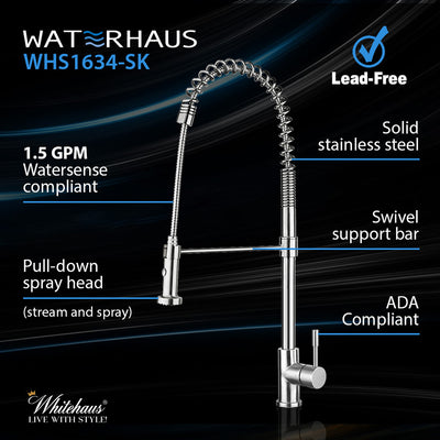 Lead Free, Solid Stainless Steel Commerical Single-Hole Faucet with Flexible Pull Down Spray Head, Swivel Spout Support Bar and Solid Lever Handle