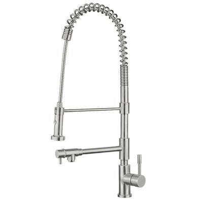 Lead Free, Solid Stainless Steel Commerical Faucet with Flexible Pull Down Spray Head, Swivel Support Bar & Two Control Levers