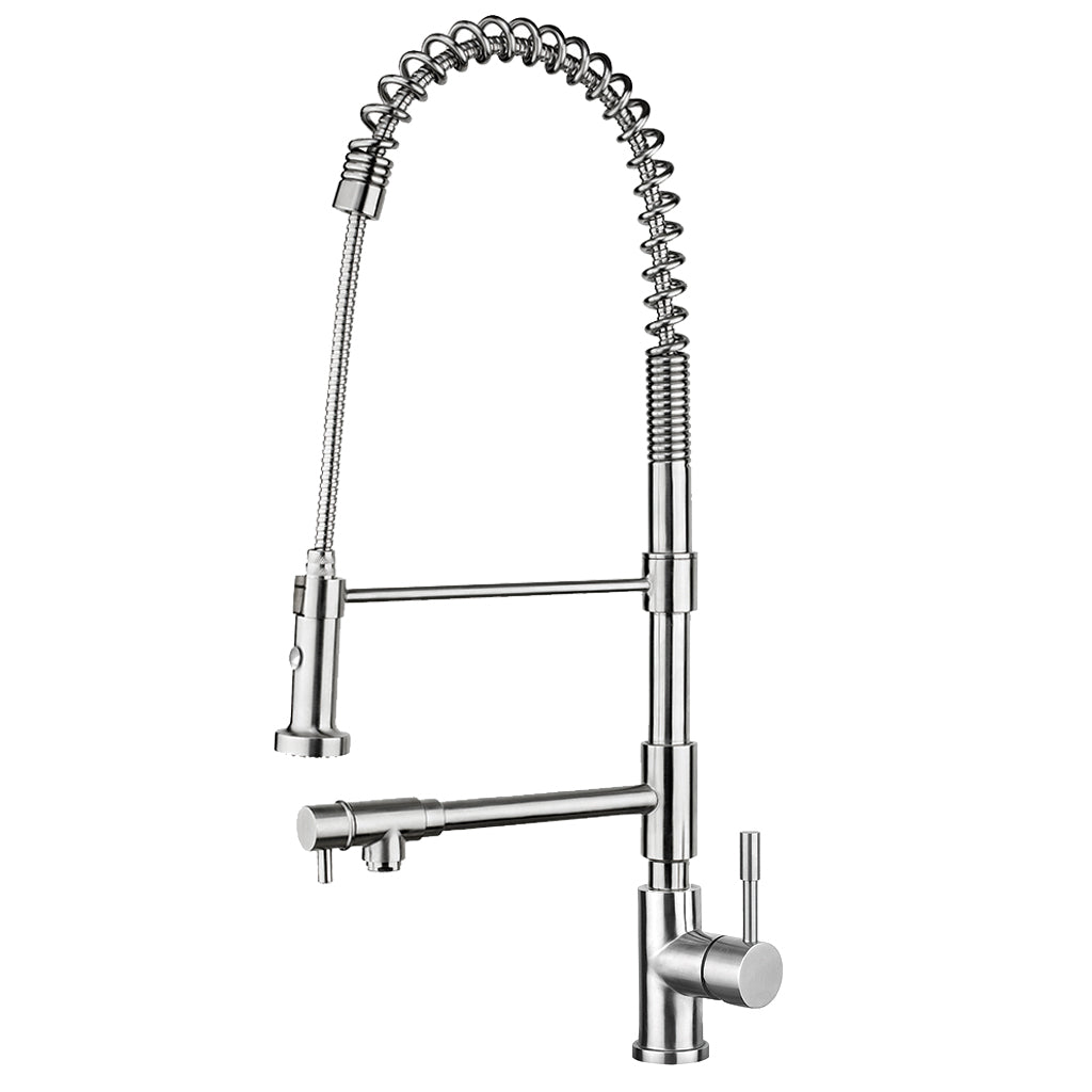 Lead Free, Solid Stainless Steel Commerical Faucet with Flexible Pull Out Spray Head, Swivel Support Bar & Two Control Levers