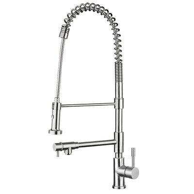 Lead Free, Solid Stainless Steel Commerical Faucet with Flexible Pull Out Spray Head, Swivel Support Bar & Two Control Levers