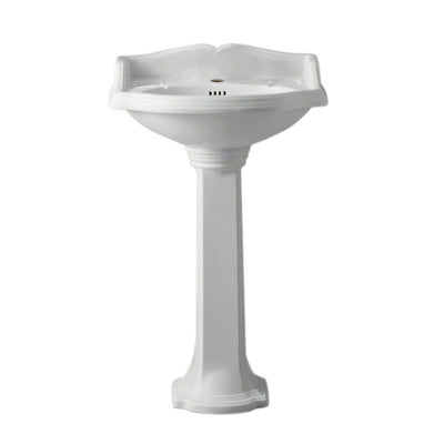 23" Traditional Pedestal with an Integrated small oval bowl, Backsplash, Dual Soap Ledges, and Decorative Trim