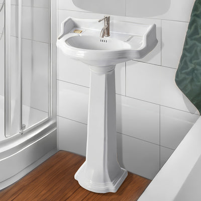 23" Traditional Pedestal with an Integrated small oval bowl, Backsplash, Dual Soap Ledges, and Decorative Trim