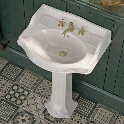 23" Traditional Pedestal with an Integrated small oval bowl, Backsplash, Dual Soap Ledges, and Decorative Trim