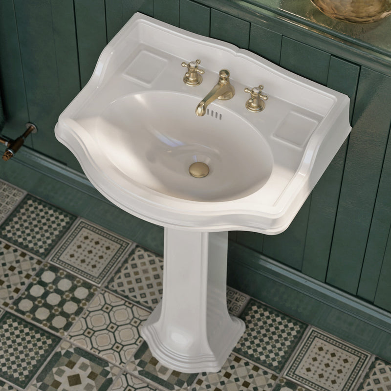 23" Traditional Pedestal with an Integrated small oval bowl, Backsplash, Dual Soap Ledges, and Decorative Trim
