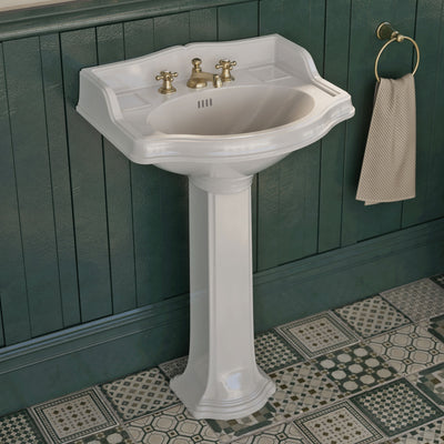 23" Traditional Pedestal with an Integrated small oval bowl, Backsplash, Dual Soap Ledges, and Decorative Trim