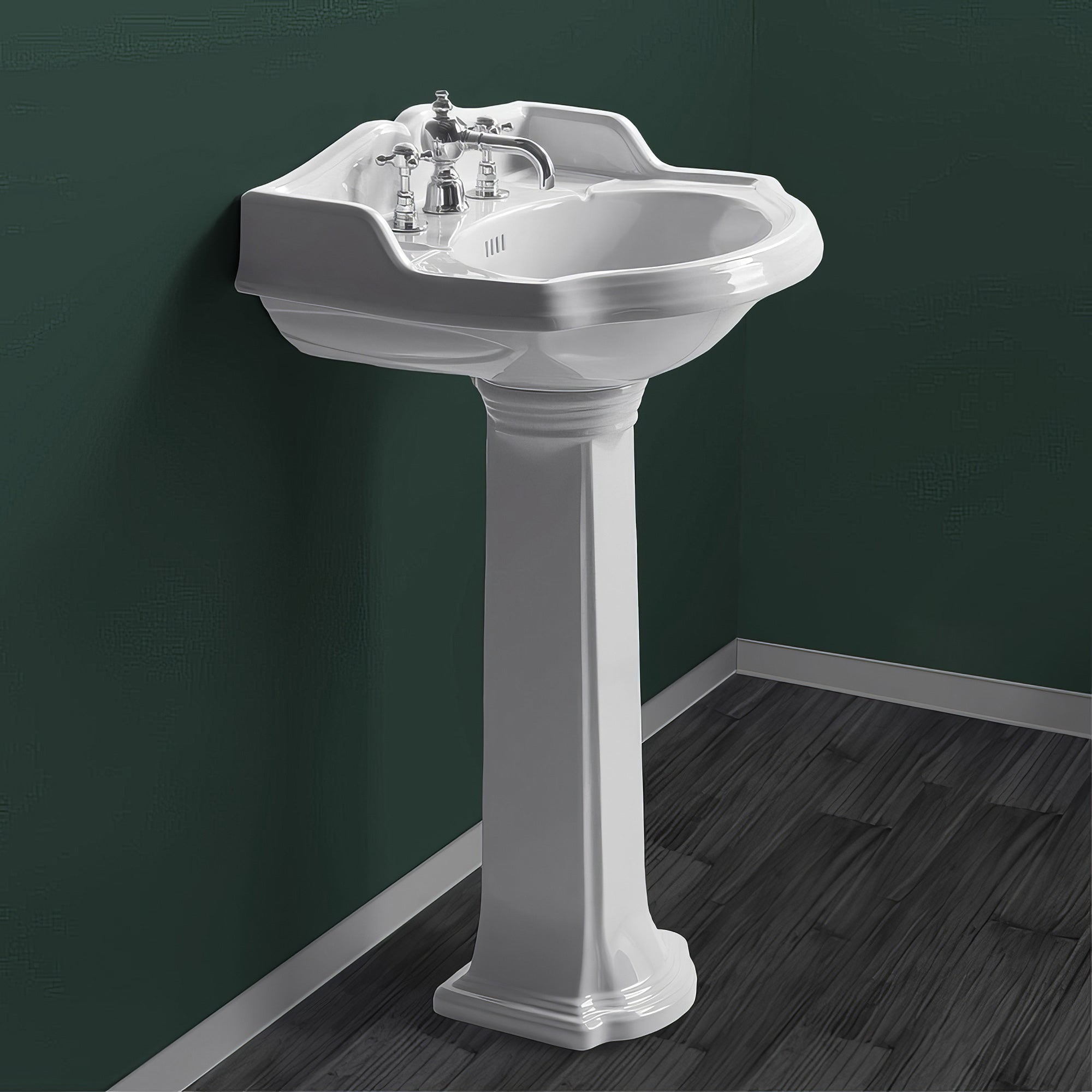 23" Traditional Pedestal with an Integrated small oval bowl, Backsplash, Dual Soap Ledges, and Decorative Trim