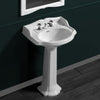 23" Traditional Pedestal with an Integrated small oval bowl, Backsplash, Dual Soap Ledges, and Decorative Trim