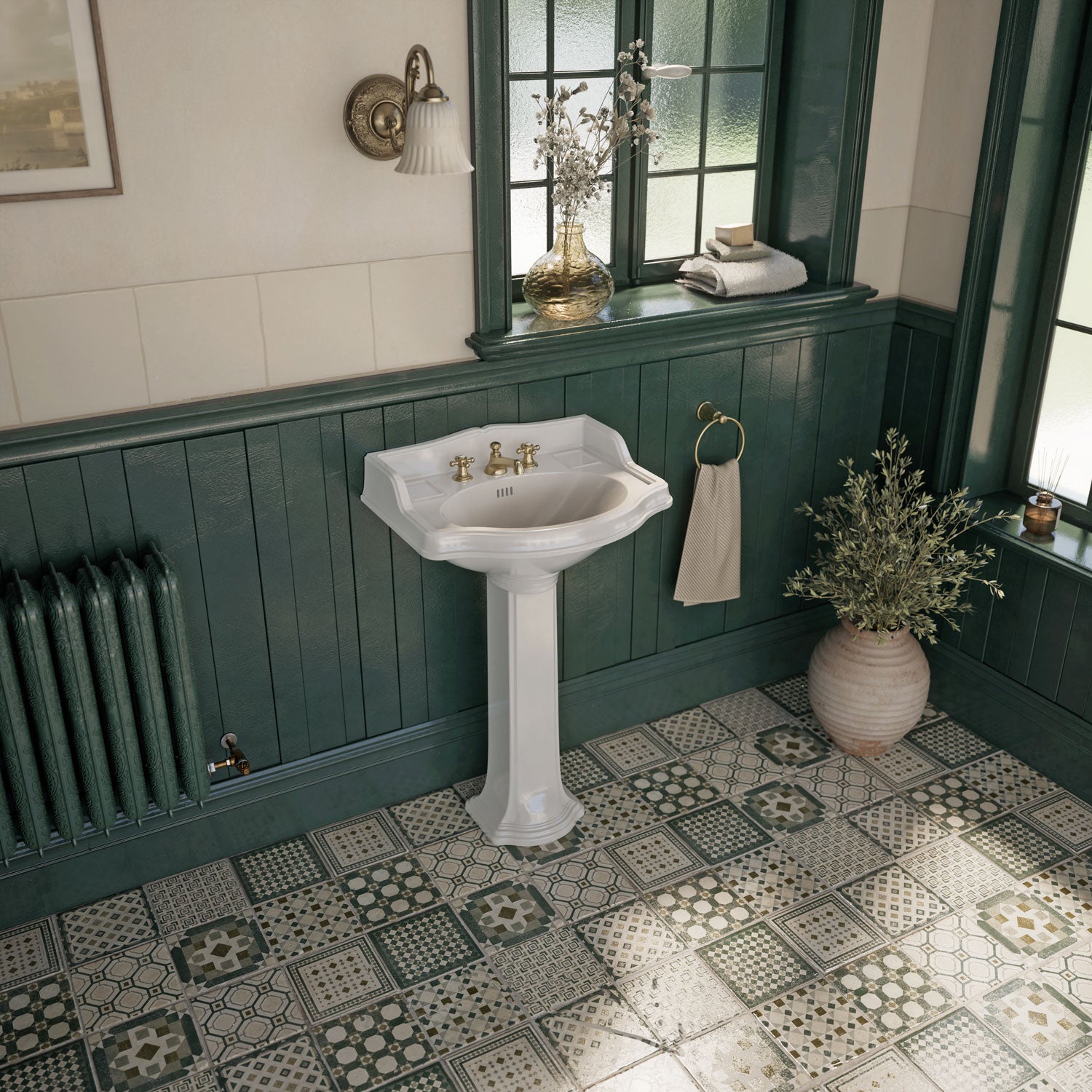 23" Traditional Pedestal with an Integrated small oval bowl, Backsplash, Dual Soap Ledges, and Decorative Trim