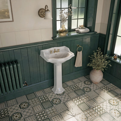 23" Traditional Pedestal with an Integrated small oval bowl, Backsplash, Dual Soap Ledges, and Decorative Trim