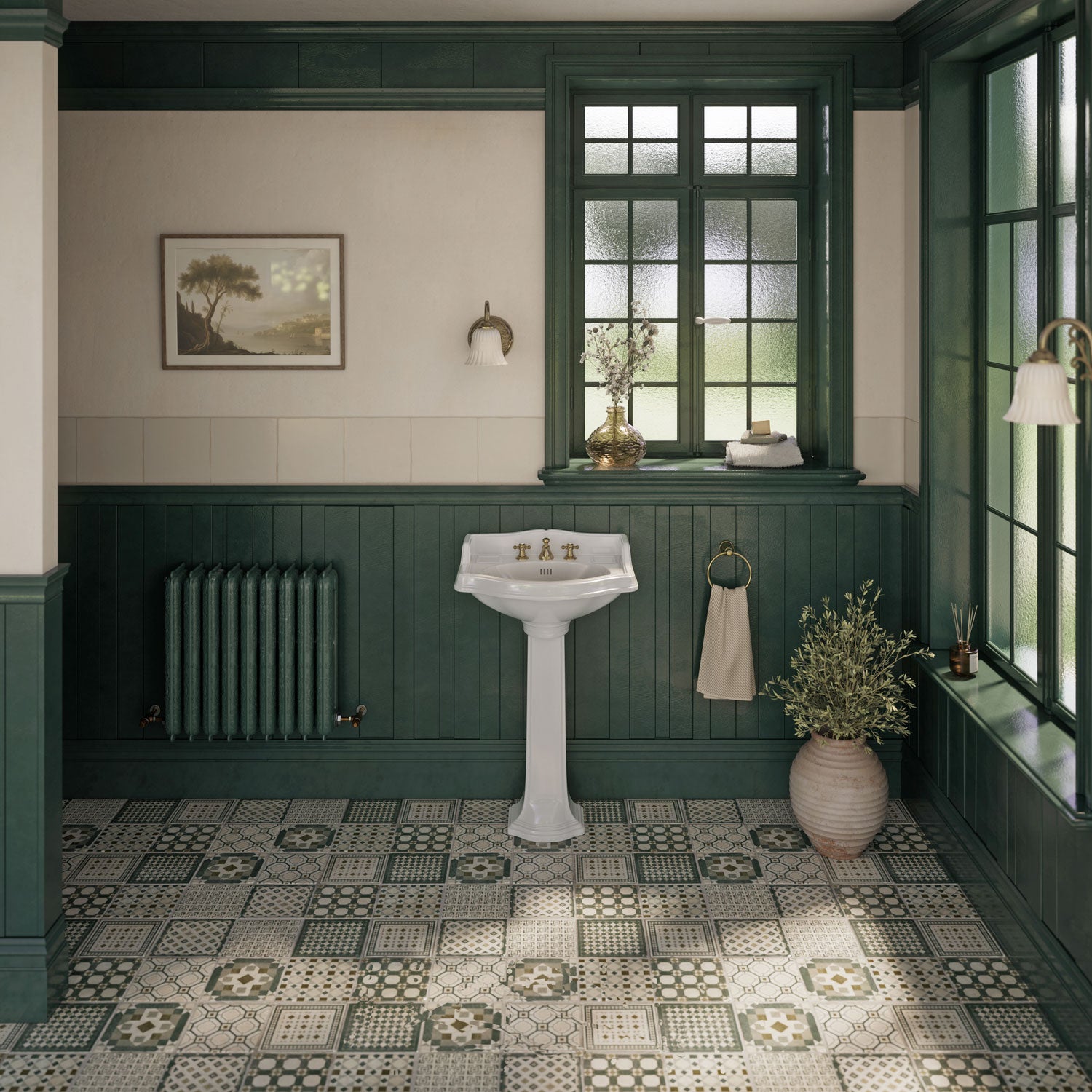 23" Traditional Pedestal with an Integrated small oval bowl, Backsplash, Dual Soap Ledges, and Decorative Trim