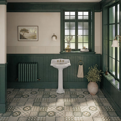 23" Traditional Pedestal with an Integrated small oval bowl, Backsplash, Dual Soap Ledges, and Decorative Trim