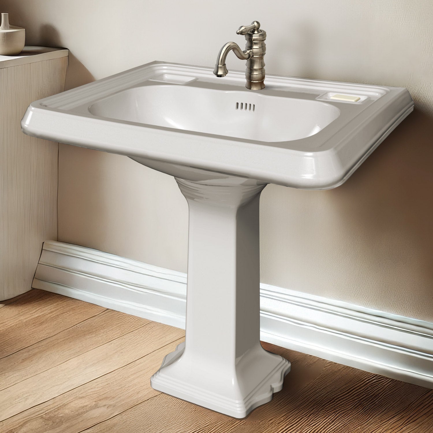29" Traditional Pedestal Sink with Large Rectangular Bowl, Dual Soap Ledges, Overflow Control Rim and Overflow