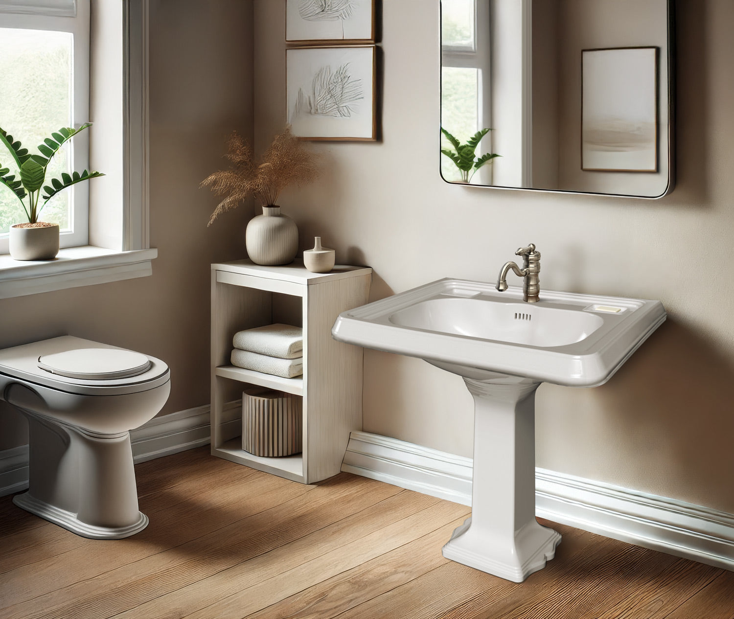 29" Traditional Pedestal Sink with Large Rectangular Bowl, Dual Soap Ledges, Overflow Control Rim and Overflow