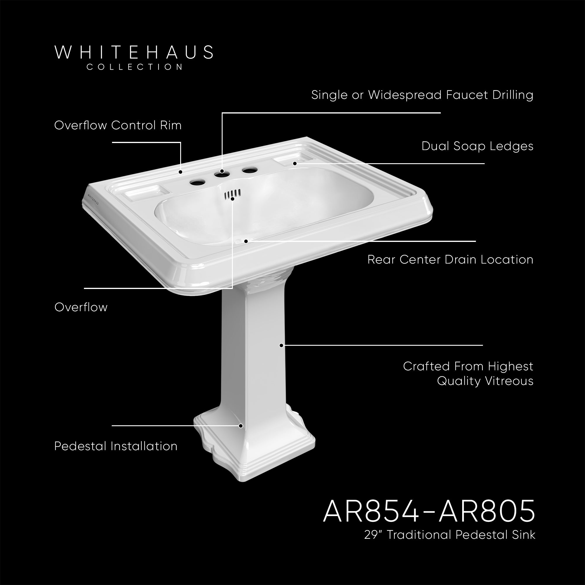 29" Traditional Pedestal Sink with Large Rectangular Bowl, Dual Soap Ledges, Overflow Control Rim and Overflow