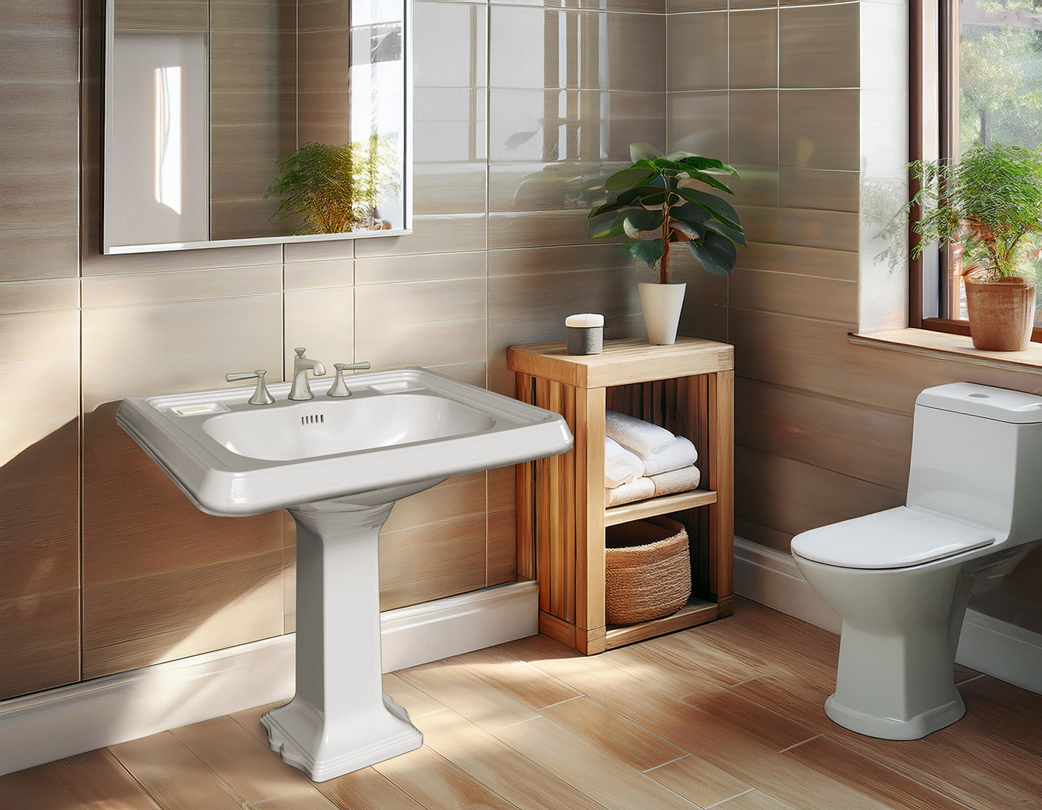 29" Traditional Pedestal Sink with Large Rectangular Bowl, Dual Soap Ledges, Overflow Control Rim and Overflow